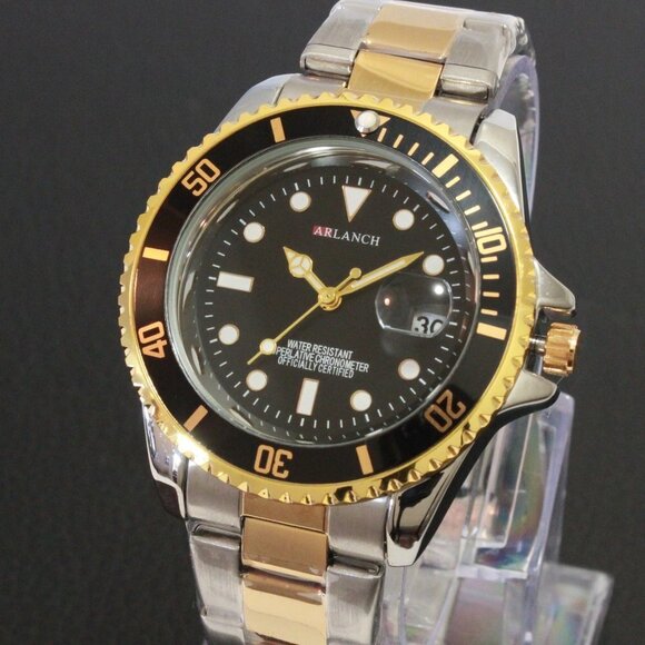 Men's Diver Style Watch Black Bezel Silver Gold Tone 40mm - Picture 1 of 14